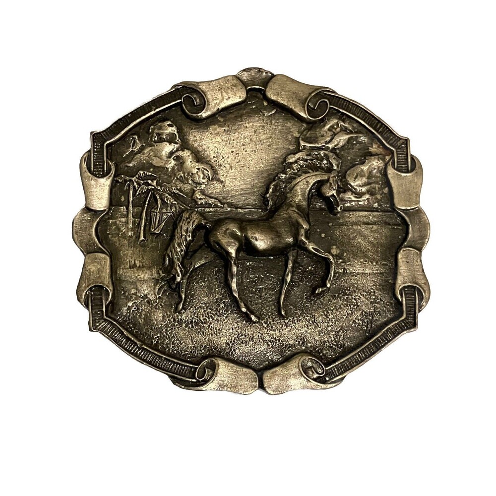 VTG Belt Buckle Horse Palms BERGAMOT Brass EQUESTRIAN Darien Wisconsin 1976